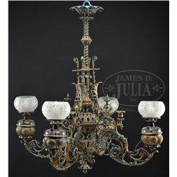 LARGE CAST METAL CHANDELIER WITH DRAGON DECORATION.