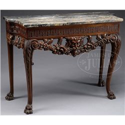 ROCOCO CARVED WALNUT MARBLE TOP CONSOLE TABLE.