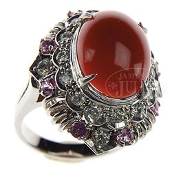 14K WHITE GOLD LADY'S RING WITH DIAMONDS, PINK STONES & CORAL.