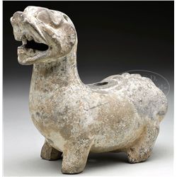 GRAY POTTERY FIGURE OF MYTHICAL BEAST.