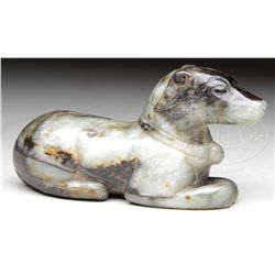 JADE CARVING OF A HOUND WITH COLLAR.