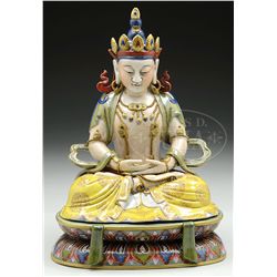 PORCELAIN BUDDHA ON LOTUS BASE.