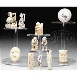ELEVEN PIECES CONSISTING OF TEN IVORY CARVINGS AND ONE OTHER.