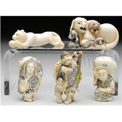 GROUP OF FIVE IVORY CARVINGS.