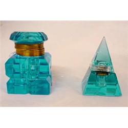 TWO BLUE GLASS INKWELLS