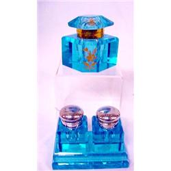 TWO PEACOCK BLUE GLASS INKWELLS