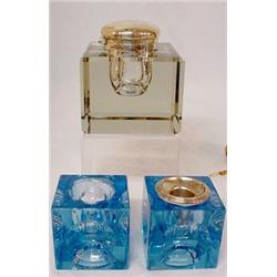 THREE SQUARE GLASS INKWELLS