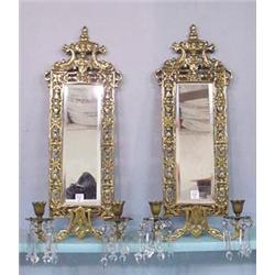 PAIR OF BRASS MIRRORED SCONCES WITH PRISMS