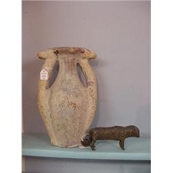 TWO PIECES: Redware storage jar with two full length giraffe handles