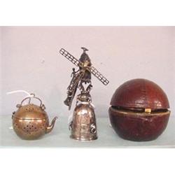 THREE PIECES: Round, leather covered, brass traveling inkwell