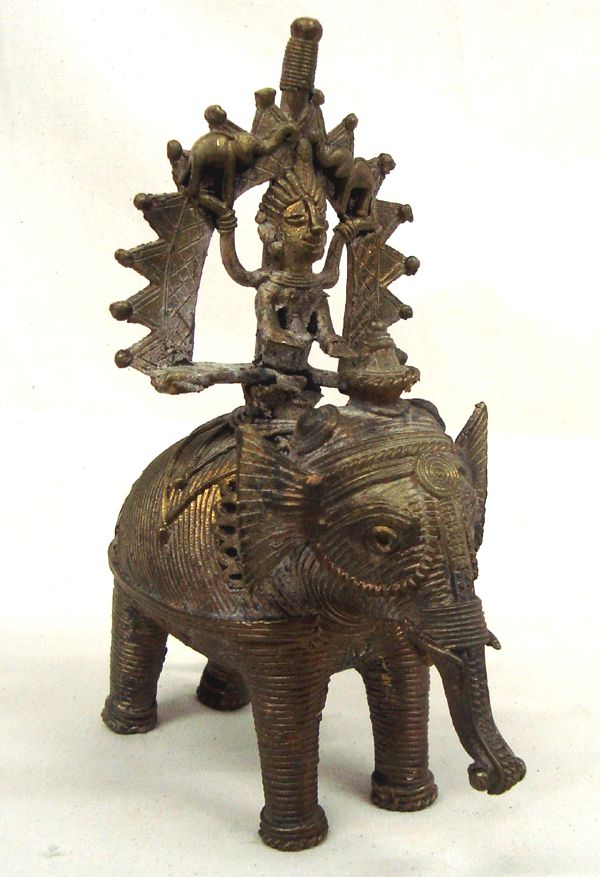 Vintage East India Dhokra Brass Figure on Elephant Folk Art