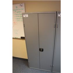 GREY METAL CABINET WITH CONTENTS