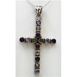 Sterling Silver .925 Multi Gem Stone Cross Pendant