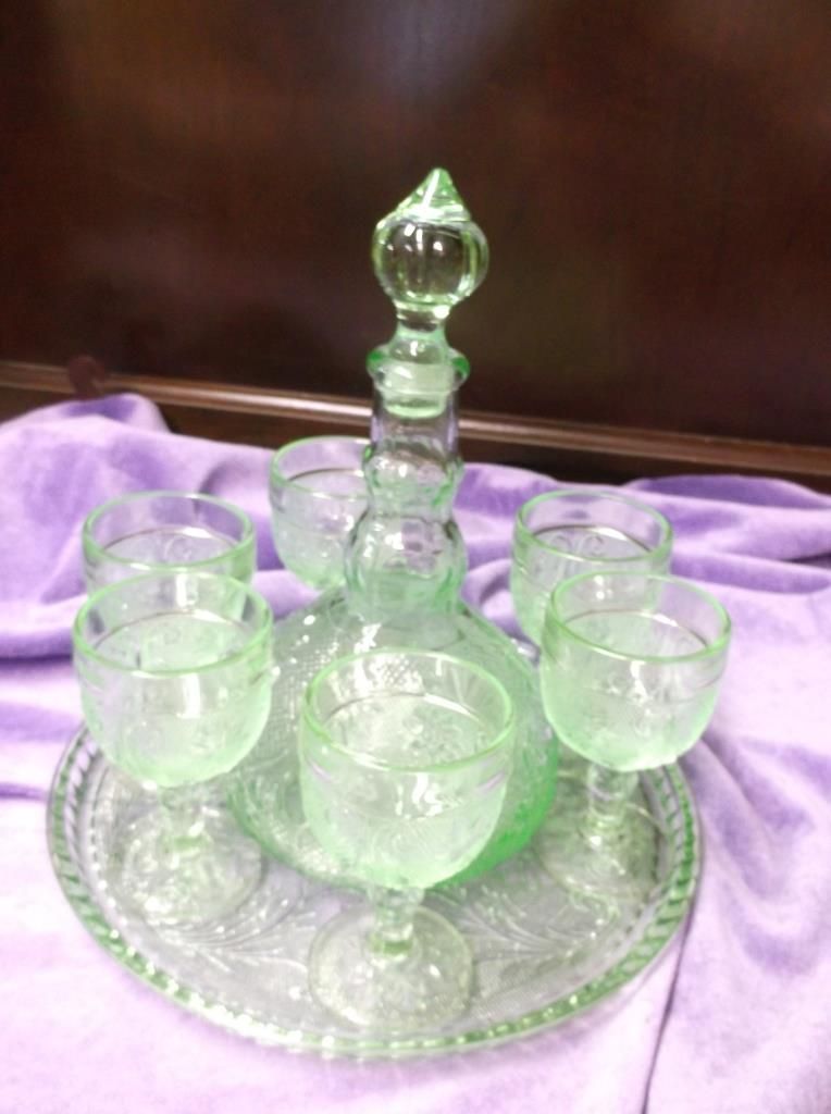 Vintage Green Glass Decanter Set