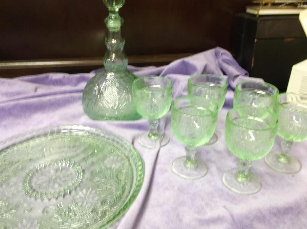 Vintage Green Glass Decanter Set