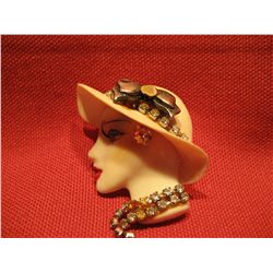 COSTUME JEWELRY FASHION LADY BUST HEAD WTH RHINESTONES HANDMADE