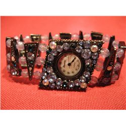 COSTUME JEWELRY AZURE BLUE & WHITE RHINESTONE ARTISAN WRIST WATCH GENEVA WATCH (NOTE: NEEDS BATTERY)