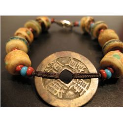 COSTUME JEWELRY ARTISAN MULTI COLORED BEADS WITH ASIAN COIN BRACELET