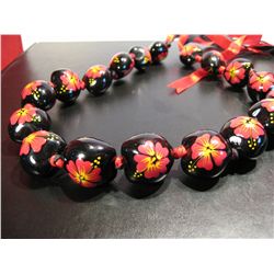 COSTUME JEWELRY ARTISAN HAND PAINTED SEED NECKLACE THREADED WITH RIBBON