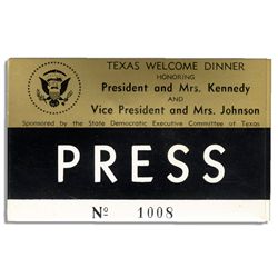 Press Badge for the ''JFK Welcome Dinner'' in Texas the Night of the Assassination