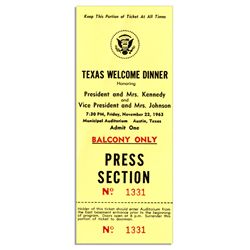 Press Ticket to JFK's Texas Welcome Dinner -- Scheduled for the Night of His Assassination