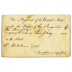 George Washington Presidential Invitation to Joseph Nourse, 1st U.S. Register of the Treasury -- Din