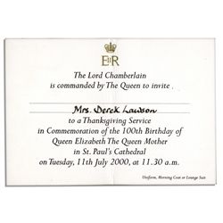 Queen Elizabeth The Queen Mother's 100th Birthday ''Thanksgiving Service'' Invitation