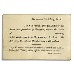 King George I Birthday Celebration Ticket From 1832