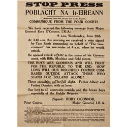 The Battle of Dublin & Start of The Irish Civil War Announced in This Broadside -- 28 June 1922