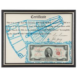 Gemini 3 Space-Flown $2 Bill Signed by Gus Grissom & John Young -- Mounted to a COA Also Signed by G