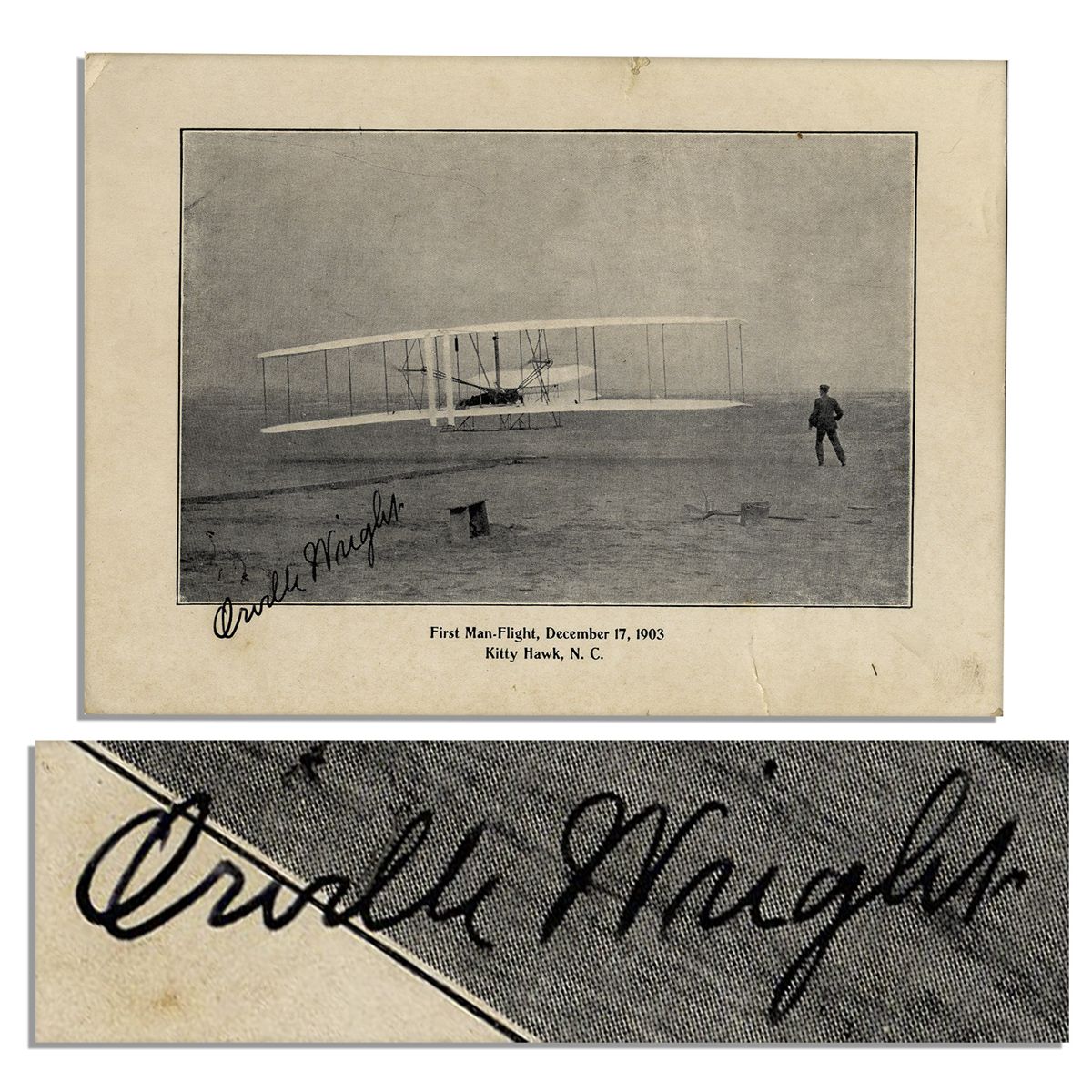 Orville Wright Signed Postcard Of The Famous Flight At Kitty Hawk