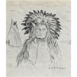 Rare Oscar Edmund Berninghaus ''Native American Chief'' Pencil Sketch Signed
