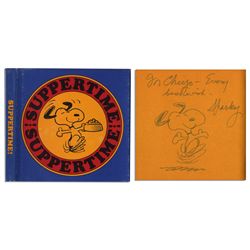 Charles Schulz Hand-Drawn Sketch of Snoopy, Within His Signed ''Peanuts'' Foodie Theme Book -- ''Sup