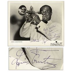 Louis Armstrong Signed 10'' x 8'' Photo Issued by His Booking Agent -- Signed ''Satchmo'' And ''Loui