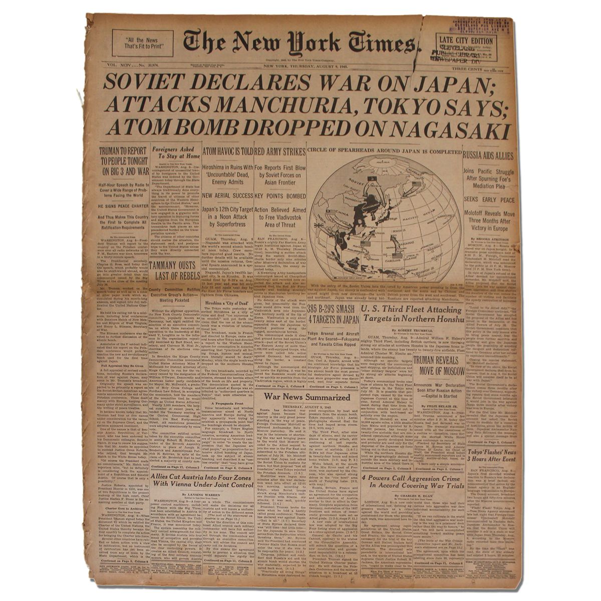 9 August 1945 The New York Times Announces Atom Bomb On Nagasaki