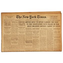 ''The New York Times'' 31 August 1939 Newspaper -- The Day Before World War II Began -- Headlines in