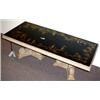 Image 1 : RECTANGULAR CARVED PICKLE FINISH TWIN PEDESTAL COCKTAIL TABLE WITH  REVERSE PAINTED INSET GLASS T…
