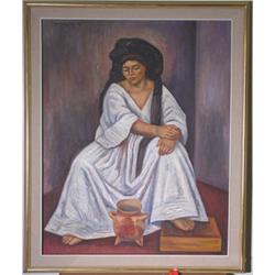 RAUL ANGUIANO VALADEZ (Mexican, b. 1915), oil on canvas, "Seated  Woman with Ceramic Vessel", 39 …