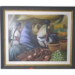 FROYLAN OJEDA (Mexican, 1932-1991), oil on panel, "The Fruit  Gatherers", 1958; 24 inches by 30 i…