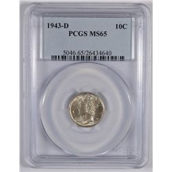 1943-D MERCURY DIME, PCGS MS-65