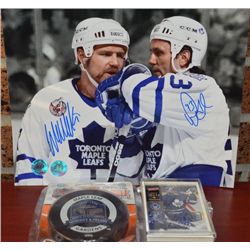 Toronto Maple Leaf's Wendel Clark & Doug  Gilmour Signed 8x10 with Maple Leaf Gardens  Puck & Packag