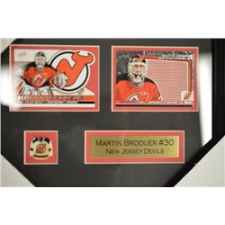 .Custom Framed Cards (2) with Pin Martin Broduer - New Jersey Devils Measures 12 x 10 inches