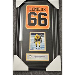 Mario Lemieux Framed Jersey Print  Measures 22 x 14