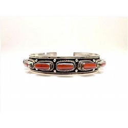 Sterling Silver .925 Red Coral Cuff Bangle
