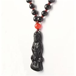 Woman Buddha Jade Necklace with Black Agate Beads