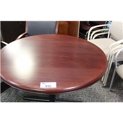 MAHOGANY 42" ROUND TABLE & TWO MAHOGANY ARM CHAIRS