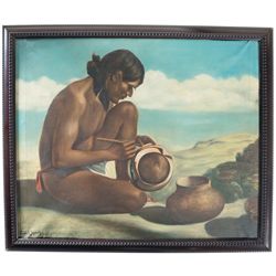 Pueblo Indian Making Pottery Oil Painting by Count Je Syaak