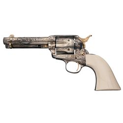 Engraved First Generation Gold and Silver Plated Colt Single Action Army Revolver with Ivory Grip an