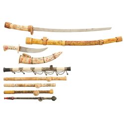 Two Sets of Decorative Blade Fittings and Five Opium Pipes