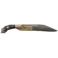 Sri-Lankan Piha-Kaetta Knife with Silver Fittings and Carved Horn Grip